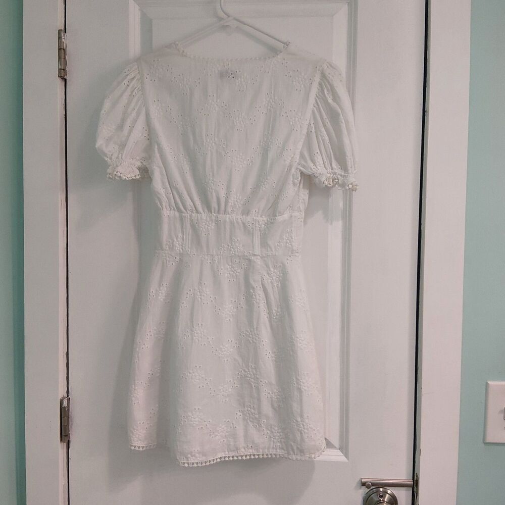 Sabo Skirt White Cotton Eyelet Broderie Mini Dress Cutout Tie Front Puff Sleeve - Picture 12 of 16